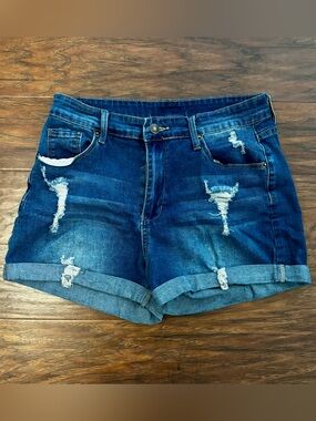 High-Rise Distressed Cuffed Jean Shorts - Dark Blue